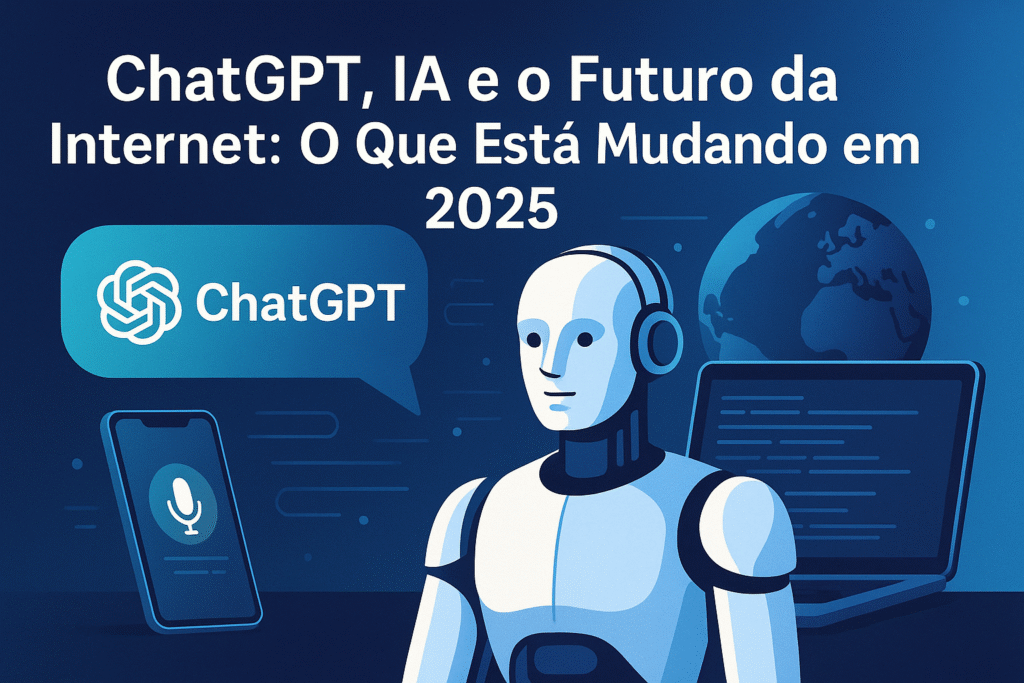 Ilustração de um robô humanoide com fones de ouvido representando inteligência artificial, ao lado do logotipo do ChatGPT, um smartphone e um laptop com código, sobre um fundo azul com um globo digital ao fundo.