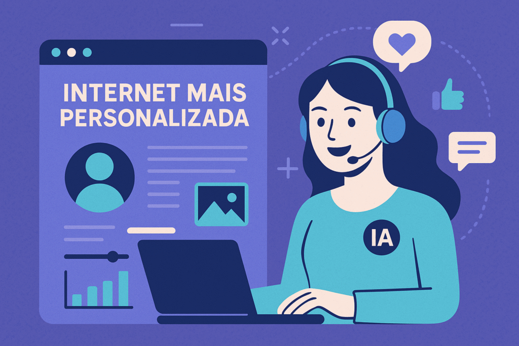 Ilustração de assistente de inteligência artificial sorridente usando headset, ao lado de uma interface digital com o título 