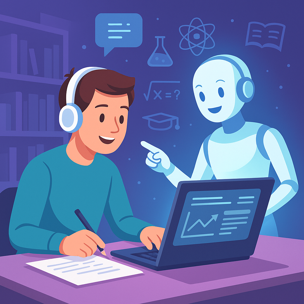 Estudante com fones de ouvido sendo assistido por tutor holográfico de IA em frente a um laptop com gráficos educacionais.