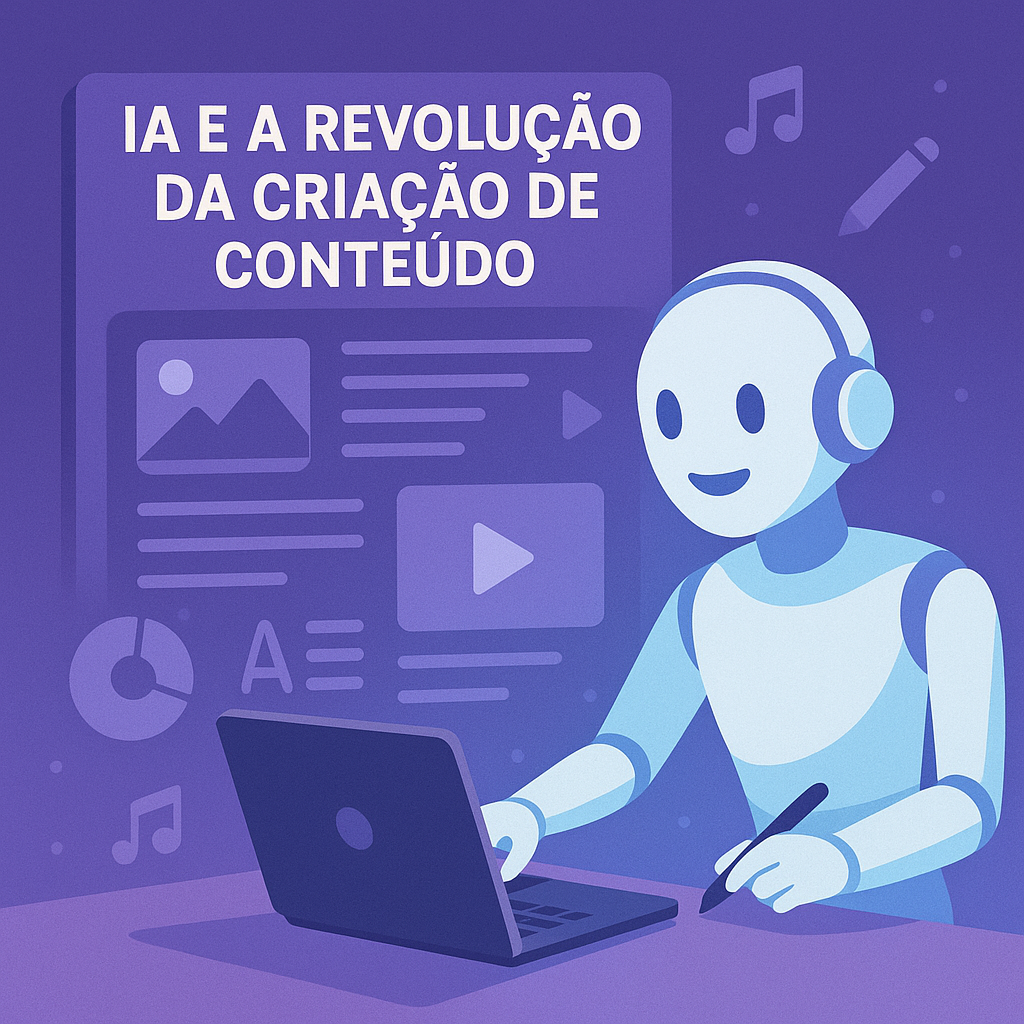 Robô de inteligência artificial utilizando laptop para criar conteúdo digital com imagens, vídeos, gráficos e texto.