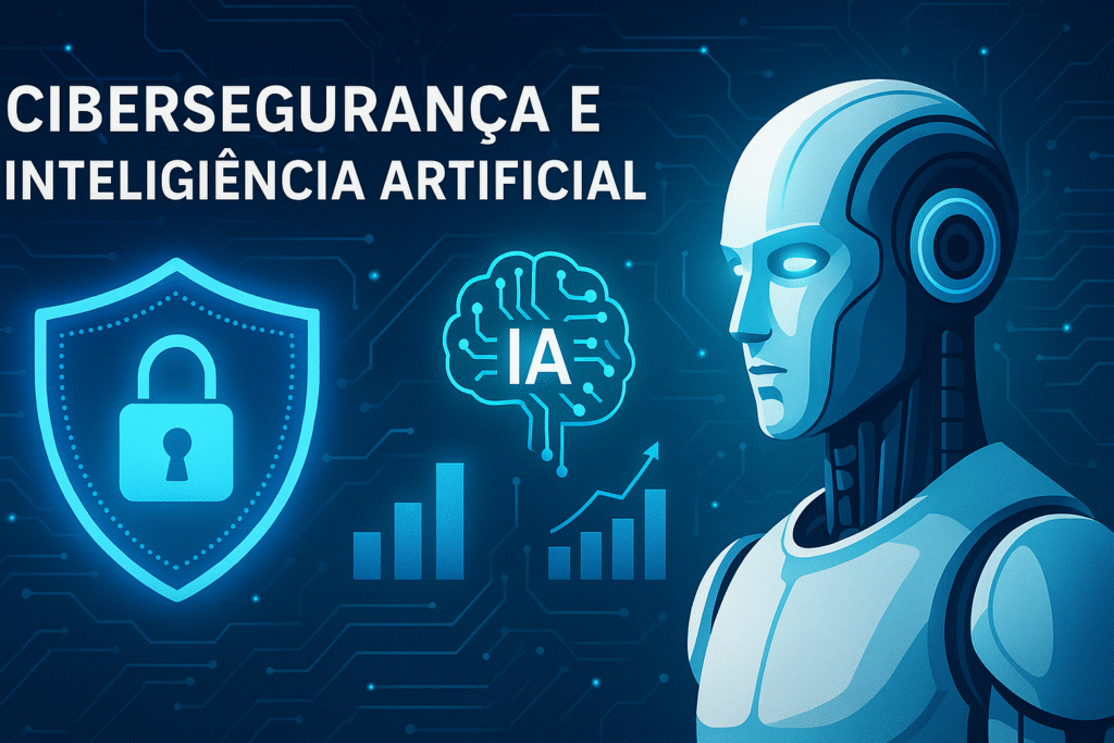 Robô de inteligência artificial ao lado de um escudo com cadeado e ícones digitais representando segurança cibernética e análise de dados.